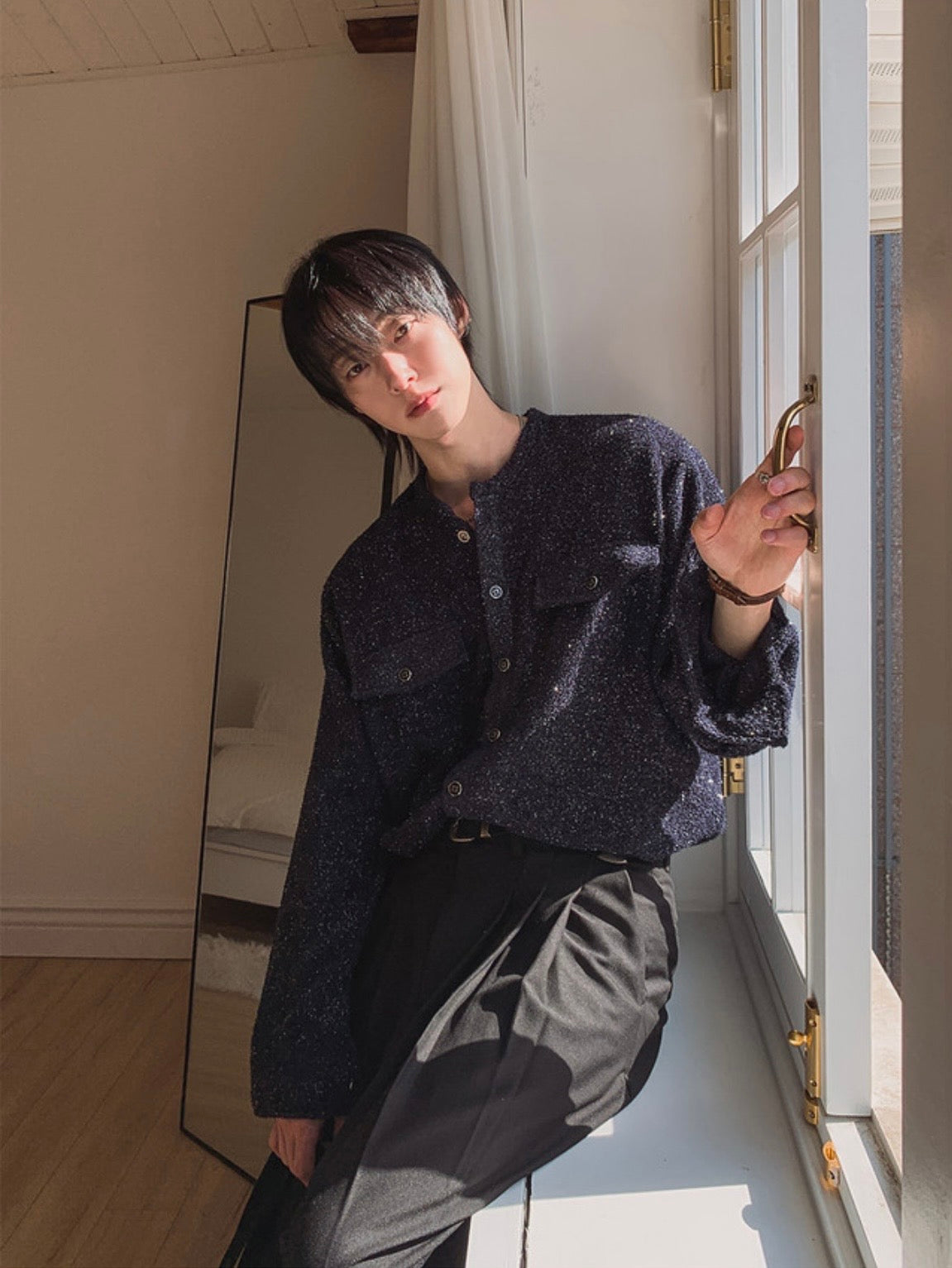 A147 細閃粗花呢短版外套 (黑 深藍)