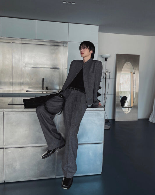 J87 學蘭風雙褶寬褲 (灰 黑)