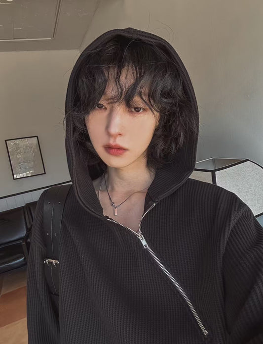 B55 華夫格斜拉鍊連帽T恤 (3色 three colors)