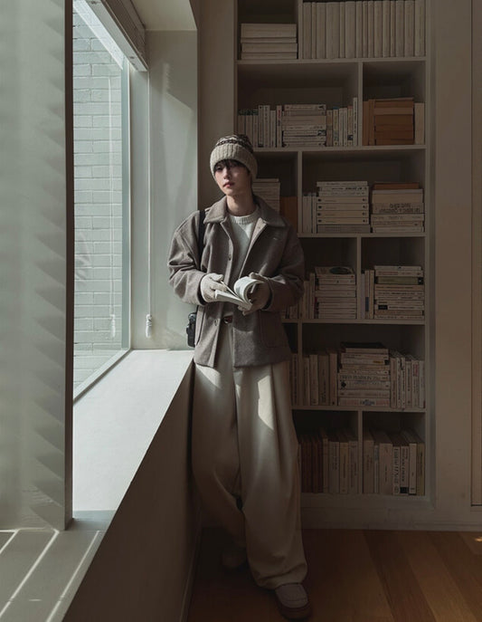 J86 羊毛雙褶寬版西裝褲 (米白 黑)