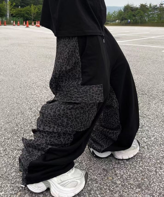J67 豹紋拼接寬版工裝褲 (3色)