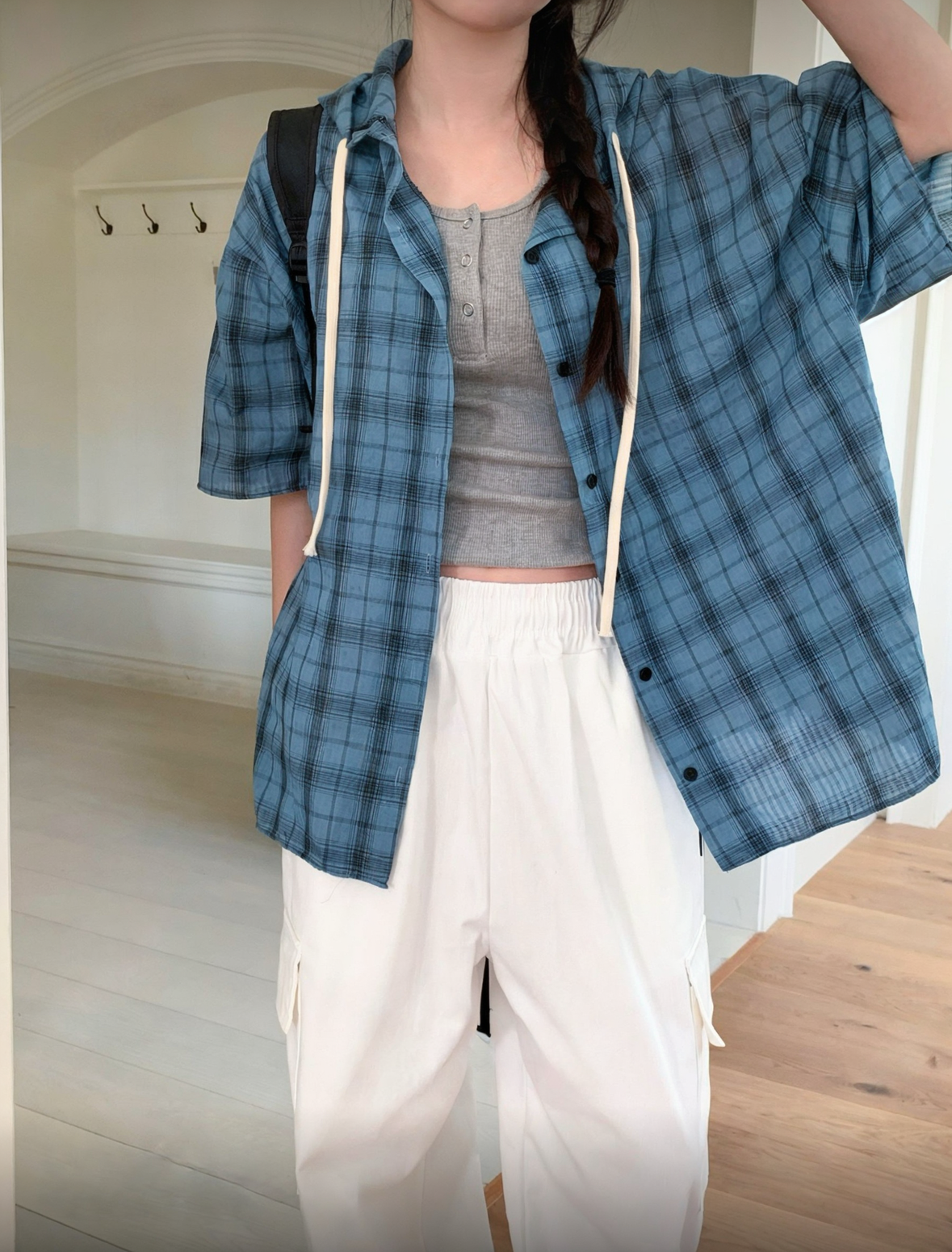 B64 Plaid Drawstring Short Sleeve Hooded Shirt (4 colors)
