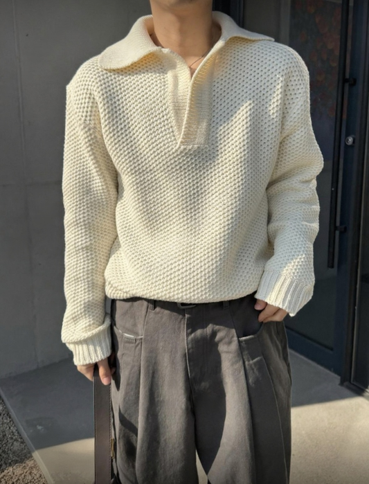 B128 鬆餅格翻領針織毛衣 (黑 米白)