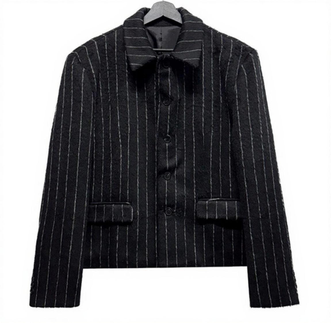 A102 羊絨條紋立領短版大衣 (黑 灰)