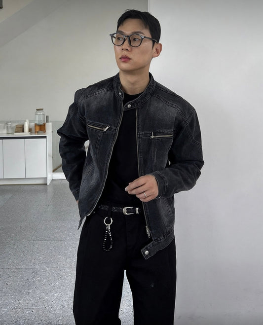 A69 復古水洗立領牛仔外套 (黑 藍)