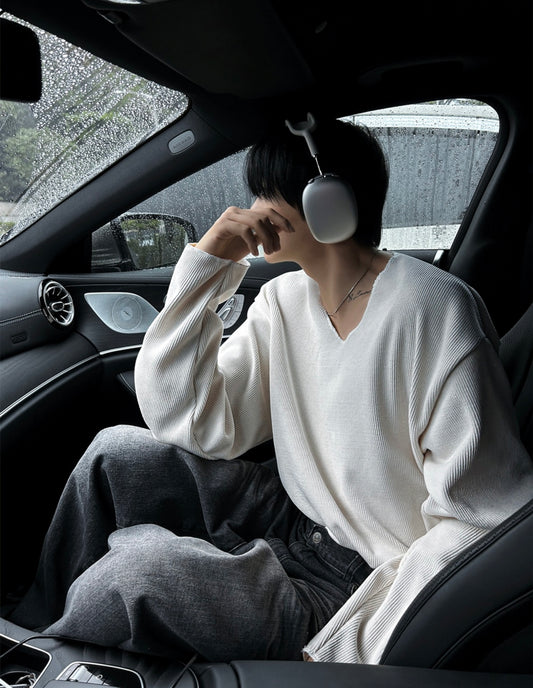 B147 寬鬆V領羅紋上衣 (4色)