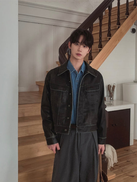 B176 Washed Short-Length Frayed Denim Shirt (Blue/Black)