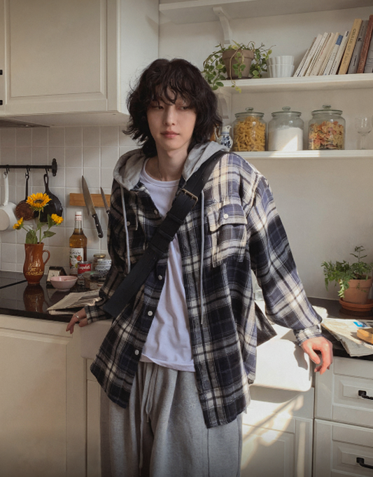 A64 格紋襯衫長版連帽外套 (3色 three colors)