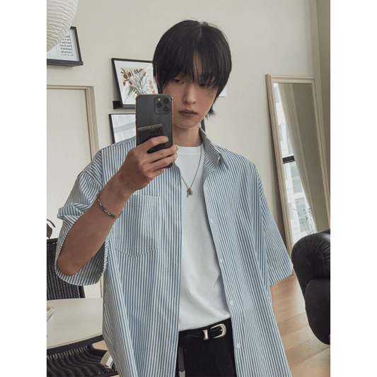 B105 夏日條紋休閒襯衫 (藍 白)