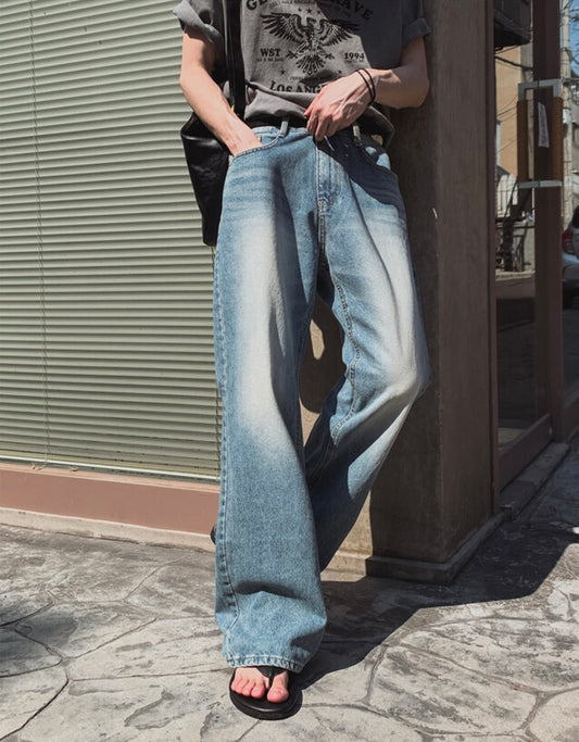 J59 復刻刷白直筒微喇叭牛仔褲 (藍 黑)
