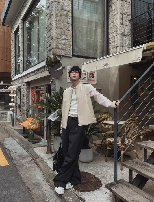 A100 針織拼接短版皮革夾克 (黑 米)