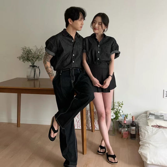 B53 不褪色短袖丹寧襯衫 (黑black 藏青navy)