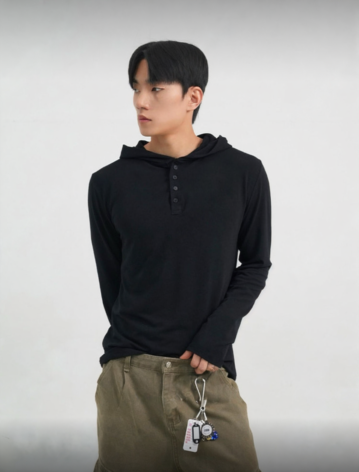 B45 Henley collar hooded long sleeves (3 colors)