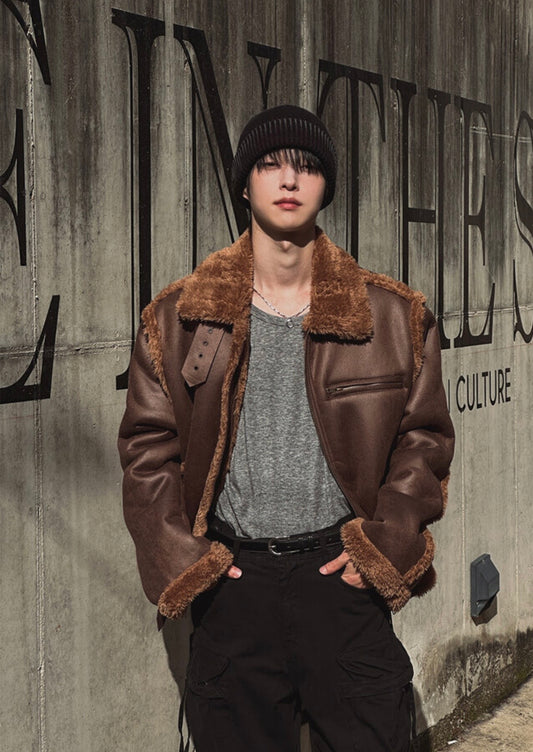 A131 麂皮拼接高領飛行外套