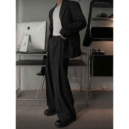 J73 時髦感條紋寬鬆氣球褲 (黑 灰)