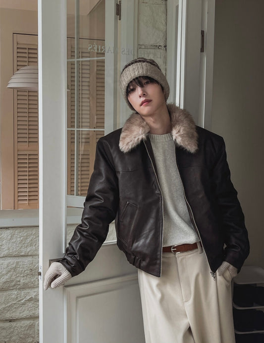 A115 冬季毛領飛行皮夾克 (3色)