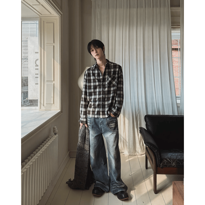 J95 鉚釘做舊水洗牛仔褲