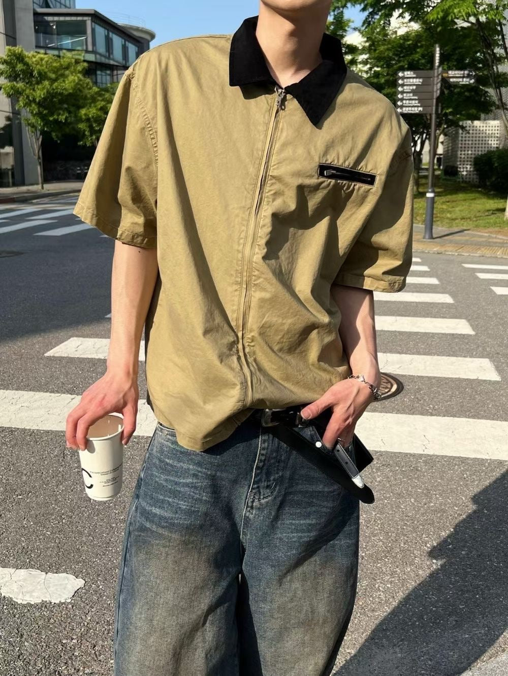 A168 拼接拉鍊短袖襯衫 (深灰 米)