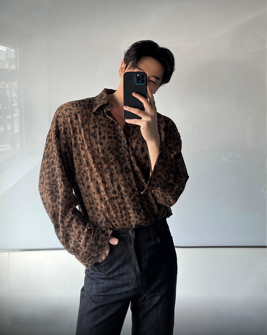 B65 豹紋破損寬鬆襯衫 (棕brown 深灰dark gray)