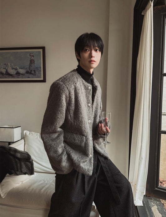 A116 輕奢柔絨工藝釦外套 (黑 灰)