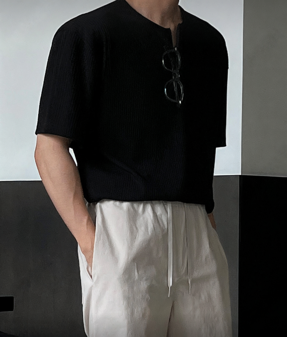 B37 亨利領羅紋短袖T恤 (3色 three colors)