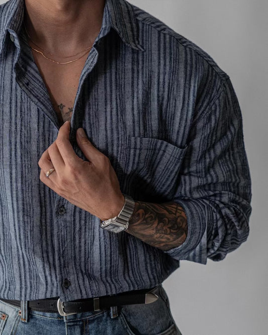 B112 條紋序曲亞麻襯衫 (藍 黑)