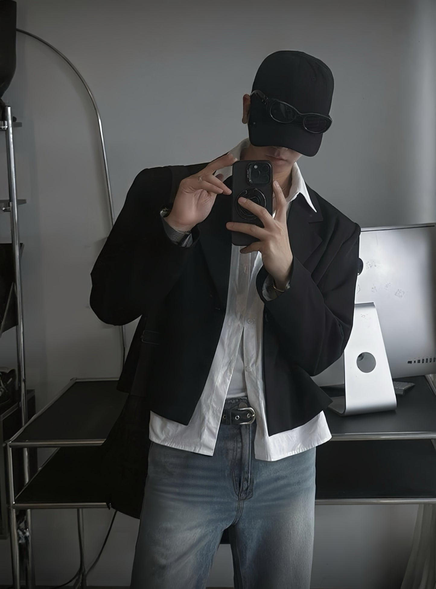 A98 兩件式襯衫外套 (黑 灰)