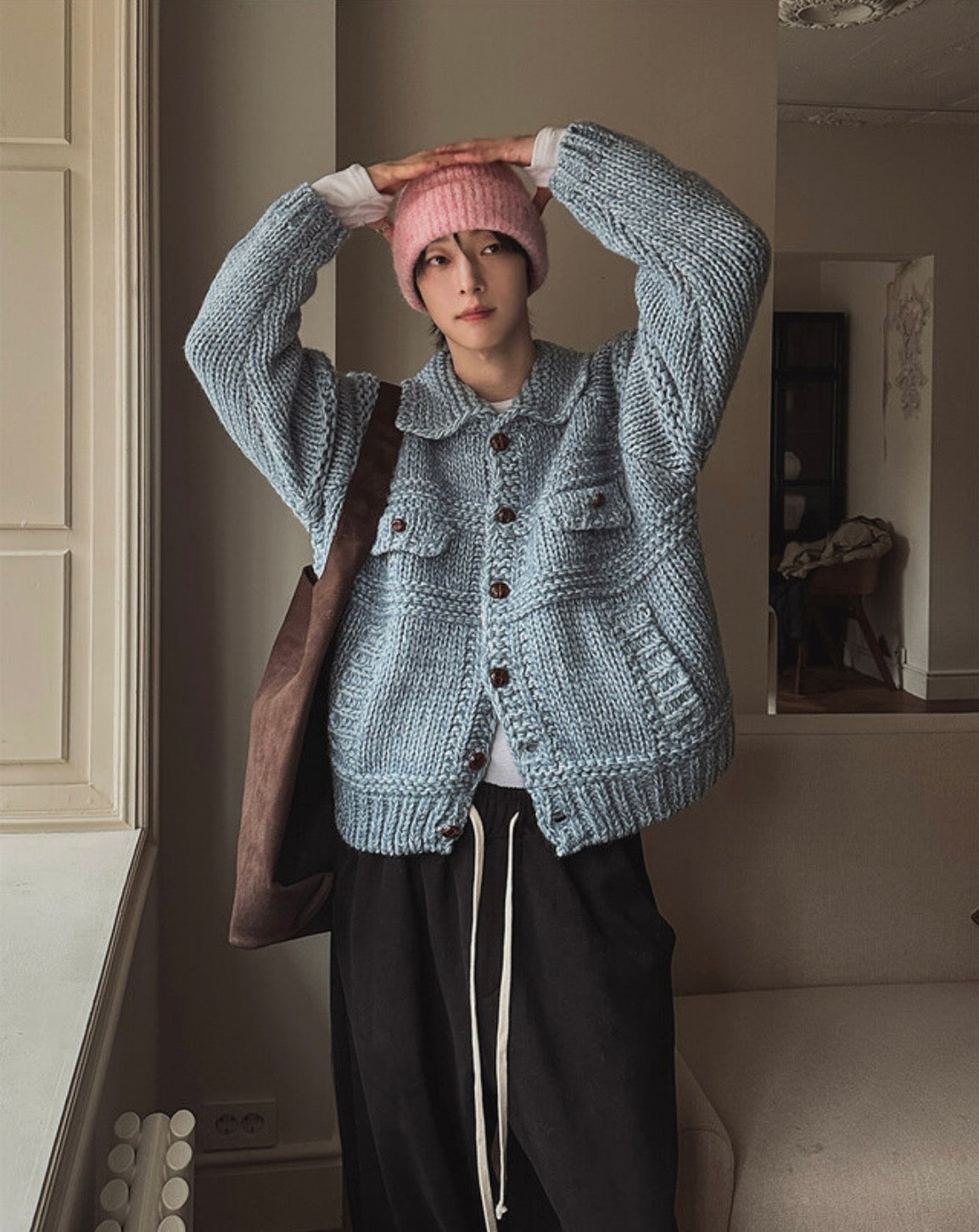 A140 手工針織外套 (米 天藍)