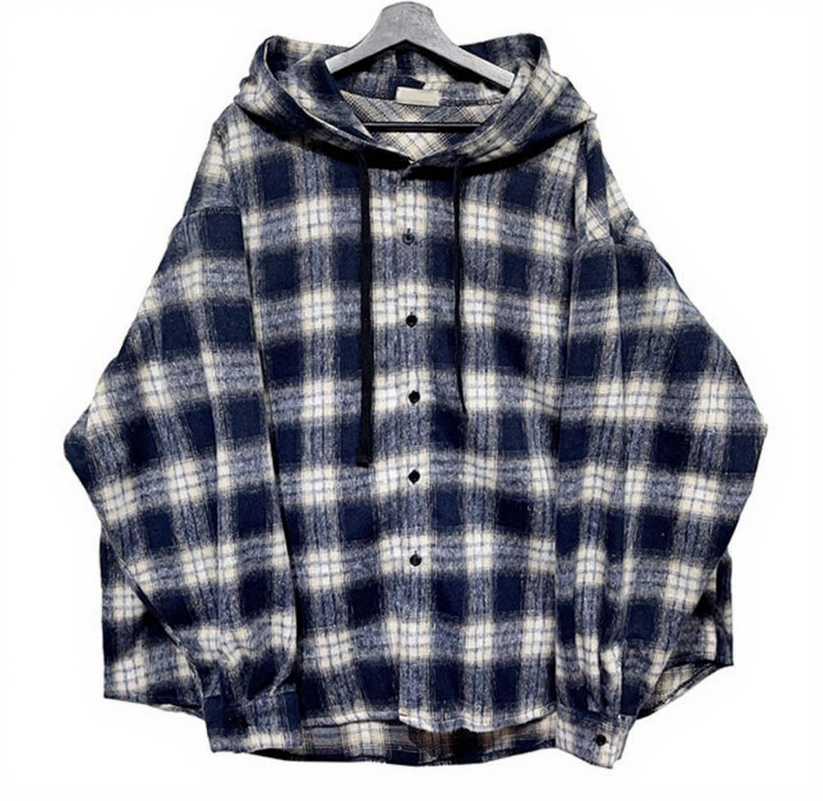 A109 溫柔感格紋連帽襯衫外套 (粉 藍)