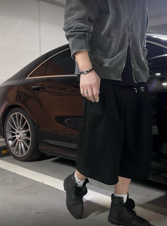 J56 七分雙摺短褲 (黑 灰)