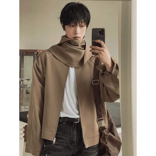 A89 Autumn Designer Scarf Collar Short Coat (Beige Gray)