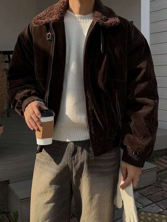 A110 雙領絲絨氣墊短版夾克 (棕 黑)