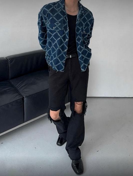 A65 稜格邊破損丹寧外套(藍blue 黑black)