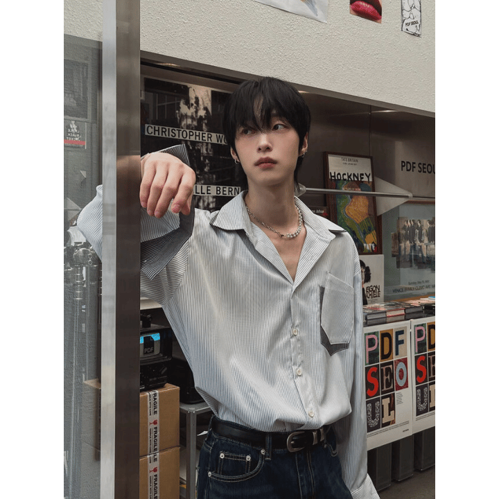 B142 交錯感雙層拼色襯衫 (黑 淺藍)