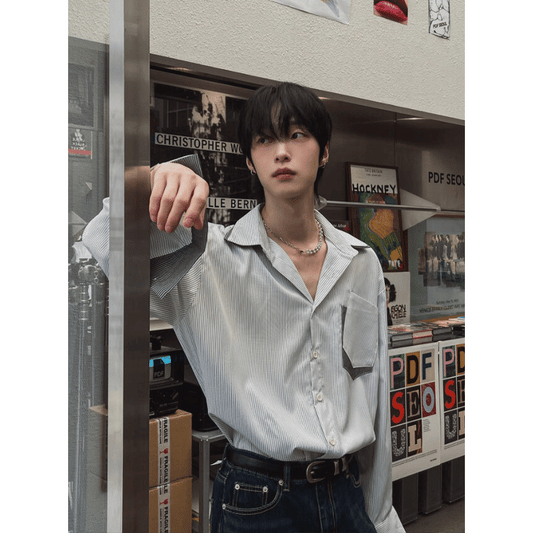 B142 交錯感雙層拼色襯衫 (黑 淺藍)