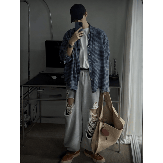 J70 叛逆破壞感寬鬆棉褲 (黑 灰)