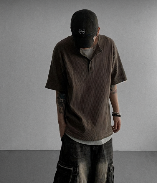 B81 華夫格刺繡羅紋上衣 (棕brown 卡其khaki)