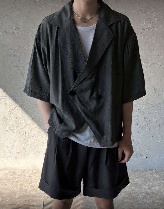 A75 輕奢光澤短袖西裝外套 (灰 米)