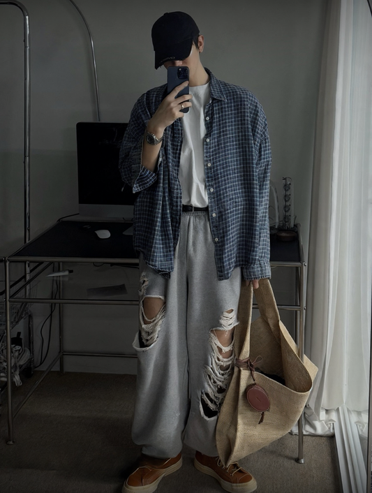 J70 叛逆破壞感寬鬆棉褲 (黑 灰)