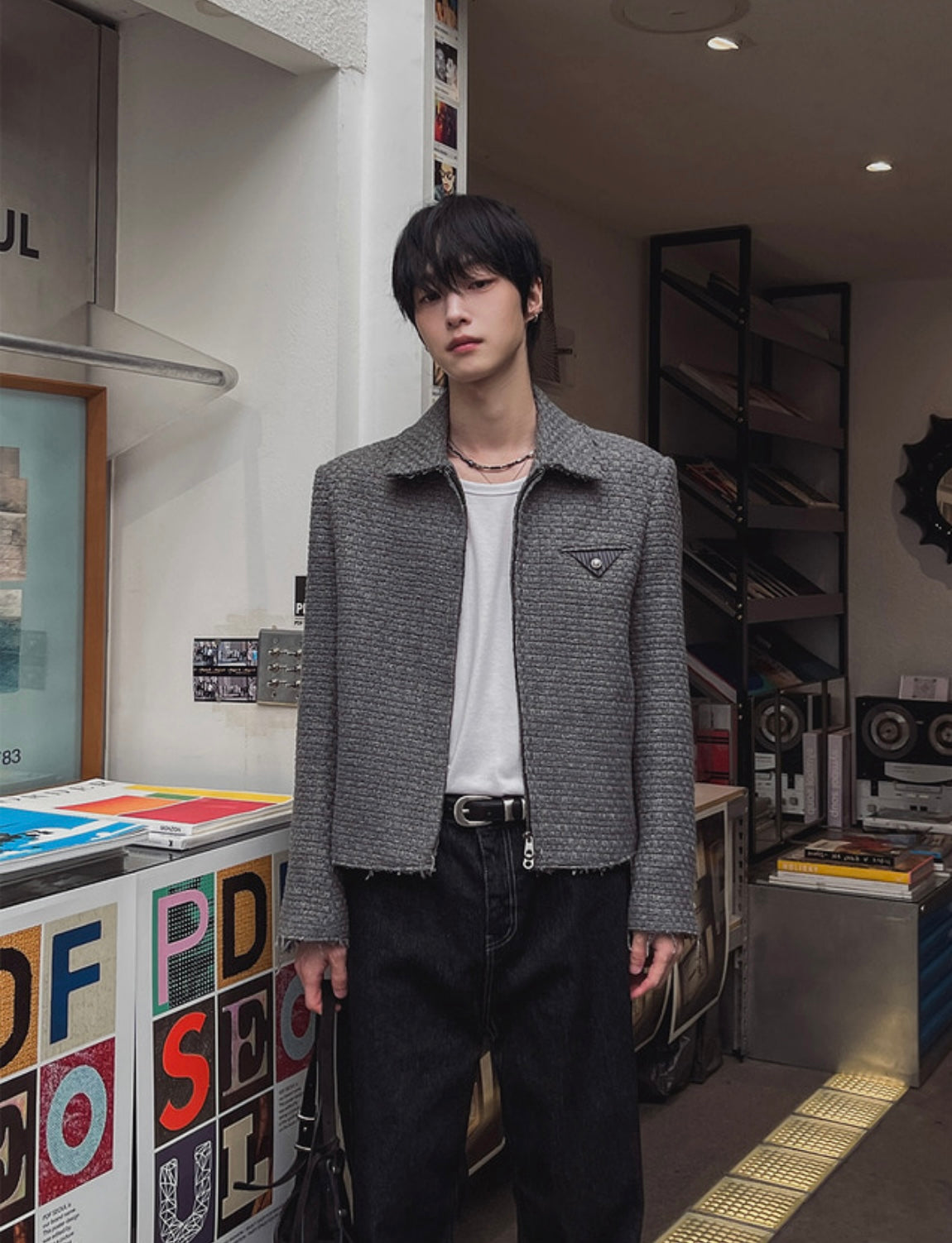 A97 立體粗花呢羊毛短版外套 (深灰 黑)