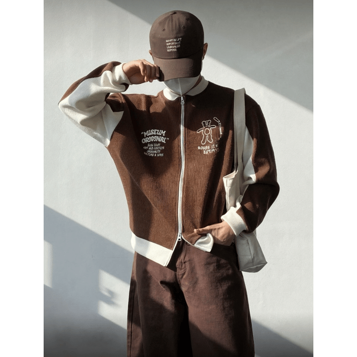 A82 American Retro Bear Knit Baseball Jacket (3 Colors)