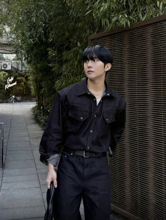 C12 老錢風牛仔襯衫套裝 (黑 白)