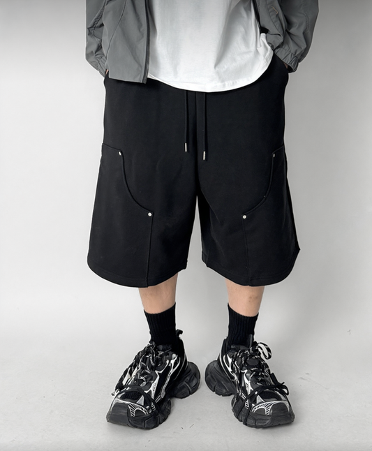 J50 鉚釘厚磅工裝五分棉褲 (黑black 灰gray)