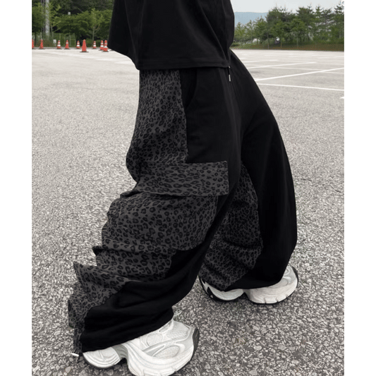 J67 豹紋拼接寬版工裝褲 (3色)