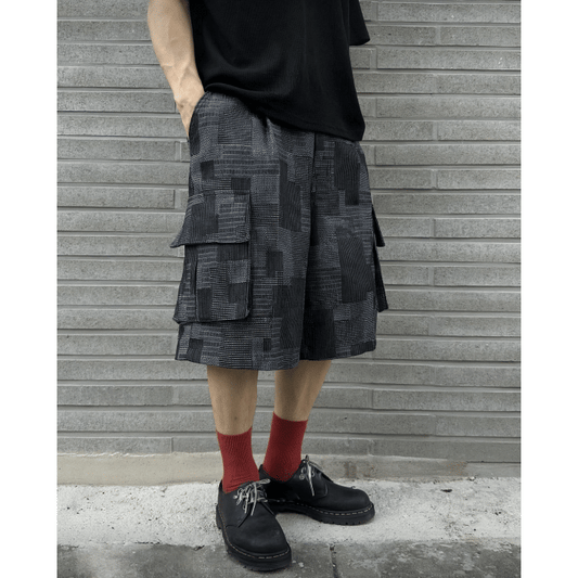 J61 棋盤格紋工裝短褲 (黑 藍)