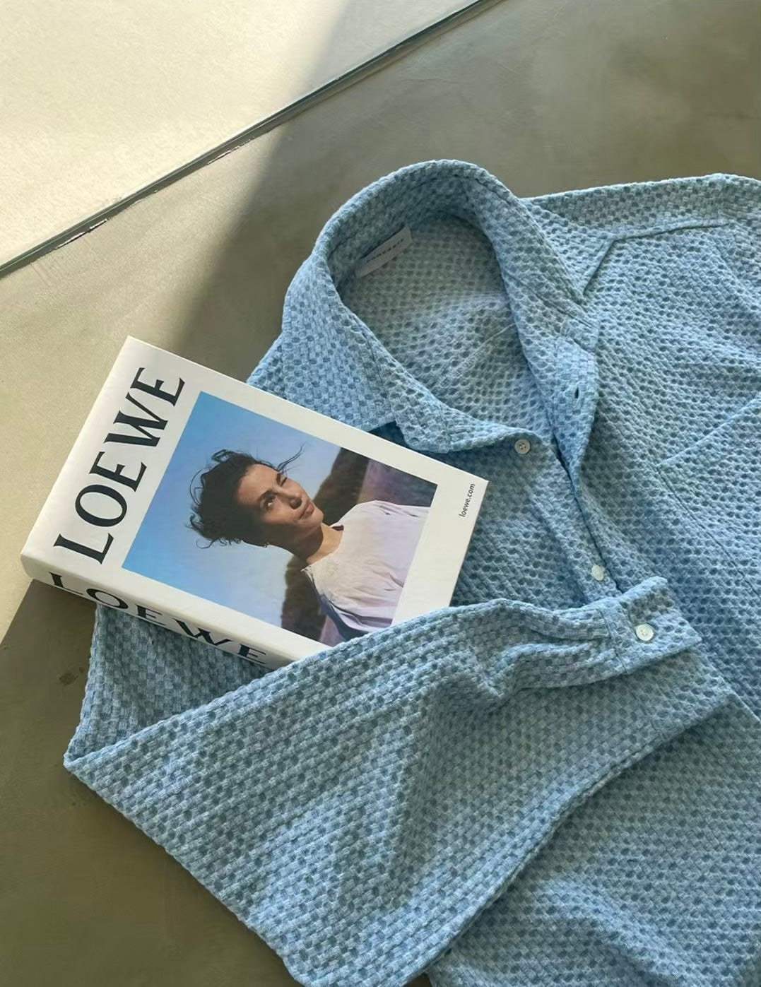 B139 牛仔色編織格紋襯衫 (深藍 淺藍)