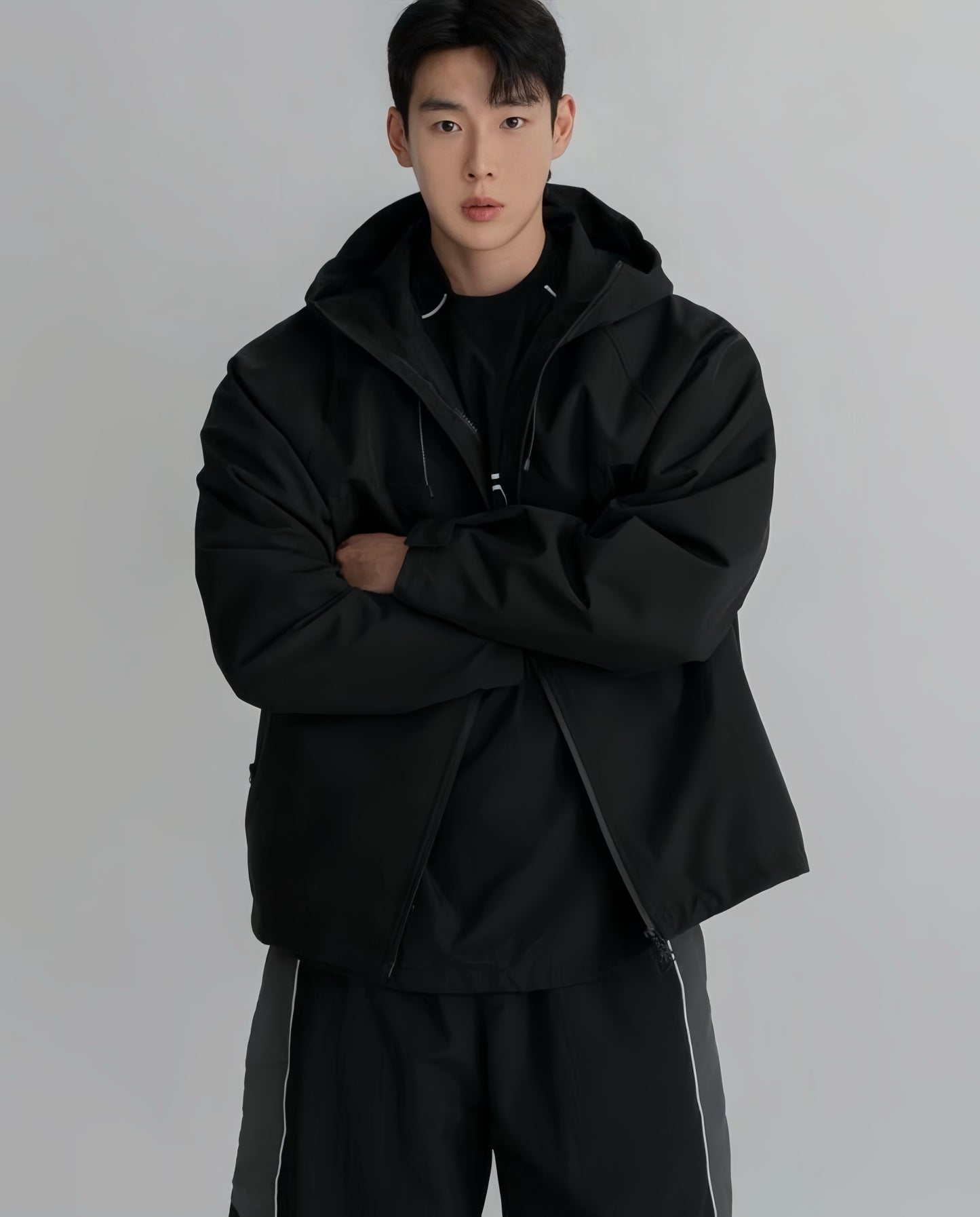 A52 Double zipper hooded windbreaker (black, gray)