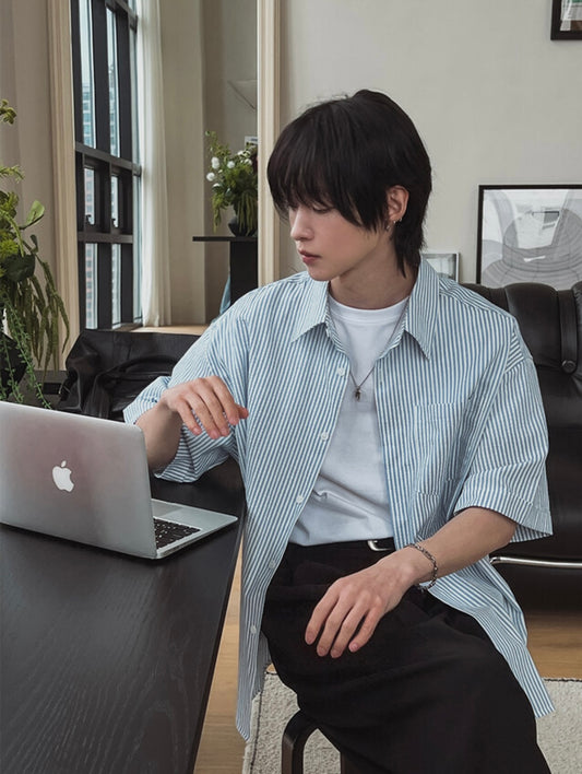 B105 夏日條紋休閒襯衫 (藍 白)