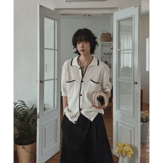 B89 法式滾邊織衫 (白 黑)