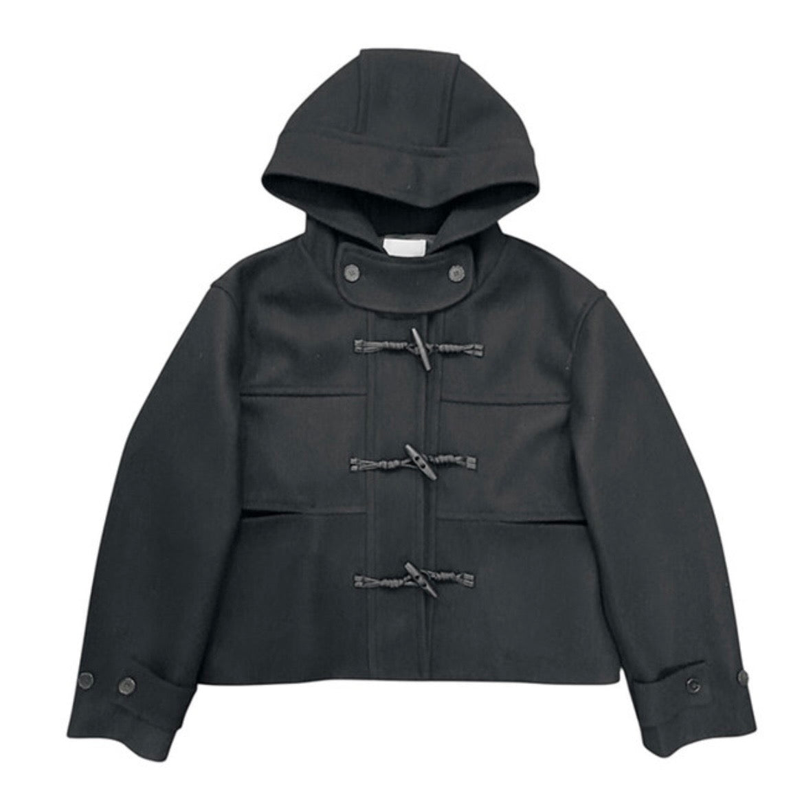 A137 牛角扣連帽短版羊毛外套 (灰 黑)